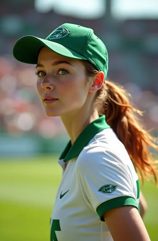 Prompt: photorealistic, (8K) sports action shot, attractive athletic girl, (fluid dynamic movement), intense focused expression, auburn hair, green eyes, wearing white & green uniforms, green ball cap, backdrop of a vibrant college stadium, cheering crowd, bright sunlight, high detail & quality, capturing the excitement of the game, sense of motion and energy.