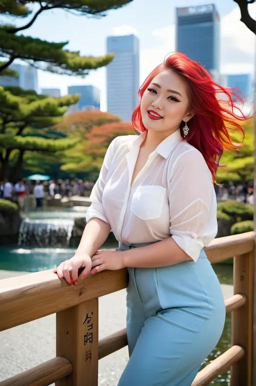Prompt: Curvaceously plump young Japanese woman is leaning on a wooden railing, colorful hair, vibrant gray eyes, unbuttoned white blouse, light blue slacks, long legs, suede sandals, red scarf, perfect diamond face, bold makeup, buxom, hourglass feminine physique, sun shine, high-res, fashion photography, realistic, artistic, relaxed pose, summer fashion, light earth tone color scheme, high detail, high quality, crowded Tokyo park setting, fountain in the background.