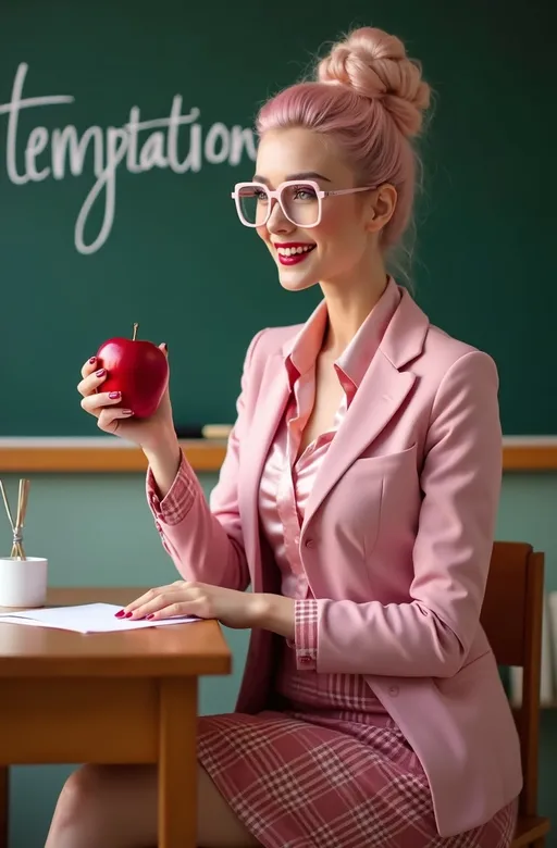 Prompt: Beautiful buxom school teacher, (gorgeous face), (green eyes), (silky pink updo hair), (pink metal rimmed glasses), (pink jacket), (pink silk blouse), (pink wool plaid skirt), (heels), emphasize her bosomy physique, flirtatiously sitting profile on her wooden desk holding a perfect red apple, (chalkboard backdrop), the word "temptation" written on the chalkboard, (well-lit scene), (cheerful ambiance), (high detail), (8K resolution), (photorealistic), crisp focus, vibrant colors, engaging expression, inviting atmosphere, elegant and professional setting.