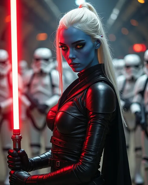 Prompt: Beautiful young blue-skinned alien woman, long chalk white hair, vivid luminous yellow eyes, black Sith Lord robes, black leather bodysuit, armored leggings and boots, holding glowing red lightsaber, Star Wars hangar bay with white clad Storm Troopers in background, detailed, dynamic aggressive stance, lightsaber held high & ready to strike, cinematic lighting, high-res photography, realistic, intricate details, intense gaze, sci-fi, vibrant colors, dramatic, professional lighting