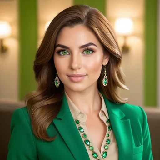 Prompt: Professional head & shoulders profile of a beautiful olive-skin woman, age 25, intricate square face, long auburn hair, vibrant green eyes, arched eyebrows, button nose, light makeup, crystal jewels, lime blazer, beige blouse, khaki skirt, high-res photo, detailed, realistic, professional, portrait, vibrant colors, intricate details, high quality