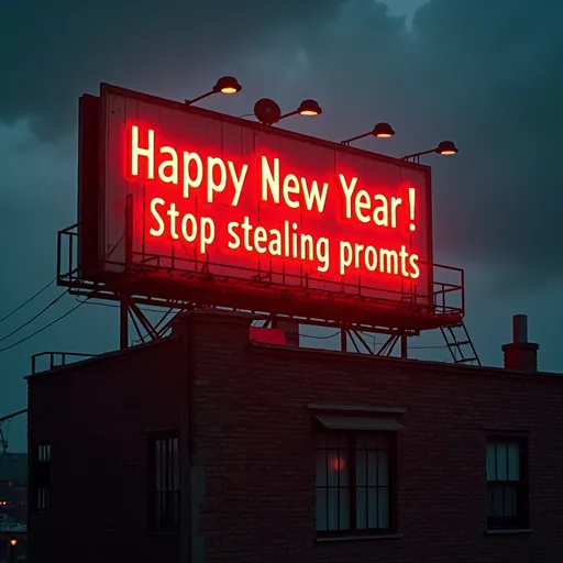 Prompt: Huge neon billboard reading "(accurately spelled text 'Happy New Year! Stop stealing prompts')" in vibrant red letters, dramatic nightscape, illuminated in a moody urban atmosphere, perched atop a gritty 1930s brick building, striking shadows and light play, rich contrast, (photorealistic), high detail, 8K resolution, ultra-detailed, pro cinematic photo image, evoking a sense of nostalgia and determination.