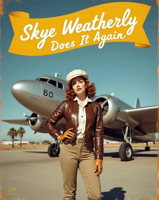 Prompt: Staged (Magazine cover) with yellow banner and (white lettering that reads "Skye Weatherly Does It Again!"), Stunningly beautiful (famed aviatrix Skye Weatherly), standing with heroic confidence at the Burbank Airport in front of a silver metallic Douglas DC-3. Her buxom curvy figure is showcased in a (brown leather bomber jacket) with silver wing insignia, (white silk blouse), (khaki slacks), and (tan leather boots & gloves), a (jauntily worn white beret) & scarf contrasts against her silky Auburn hair. Burbank airport on a (sunny California day), vibrant blue skies, palm trees gently swaying in the background, 8K resolution, ultra-detailed, high-quality image, capturing the essence of 1930s adventure and resilience.