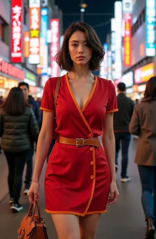 Prompt: photorealistic, Beautiful Japanese woman with (asymmetrical bob cut hair), (gray eyes), (flawless face), wearing (red wrap dress with orange trim), (curvy figure), (red knee boots), (tan leather purse), walking through (Ginza Market Tokyo), (night scene) filled with (vibrant shop lights), a bustling crowd, (well-lit) ambiance, capturing the lively spirit. High detail & quality, (8k resolution), (professional photography). 