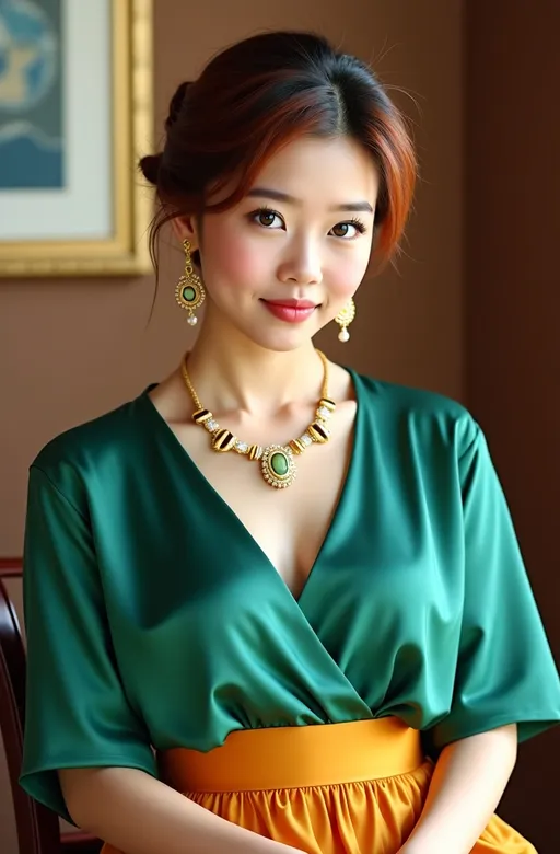 Prompt: Strikingly beautiful plump Japanese girl, age 21, (piercing bright green eyes), (chic pixie-cut chestnut-auburn hair), (gorgeous moon-shaped oriental face), adorned with elegant jewels, dressed in a jade silk blouse and saffron skirt, showcasing her (buxom bosomy full-figure), seated for an ultra-detailed professional portrait, capturing her youthful appeal & gorgeous face, enhanced lighting creating a captivating ambiance, luxurious atmosphere, 8K resolution, high quality, meticulously well-lit to highlight her stunning features & (luminous green eyes).