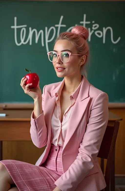 Prompt: Beautiful buxom school teacher, (gorgeous face), (green eyes), (silky pink updo hair), (pink metal rimmed glasses), (pink jacket), (pink silk blouse), (pink wool plaid skirt), (heels), emphasize her bosomy physique, flirtatiously sitting profile on her wooden desk holding a perfect red apple, (chalkboard backdrop), the word "temptation" written on the chalkboard, (well-lit scene), (cheerful ambiance), (high detail), (8K resolution), (photorealistic), crisp focus, vibrant colors, engaging expression, inviting atmosphere, elegant and professional setting.