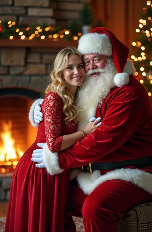 Prompt: A (beautiful blonde-haired woman) dressed in (red lace) hugging (corpulent Santa Claus) in front of a (cozy fireplace), surrounded by a (decorated and lit Christmas tree), capturing a joyful and (playful humorous scene). Emphasize (Jolly obese physique with natural folds and bulges of fat), The atmosphere is warm and festive, with soft glowing lights enhancing the mood. Perfectly composed, with a (photorealistic) quality, showcasing (8K resolution), (high detail), and (professional photo) quality.