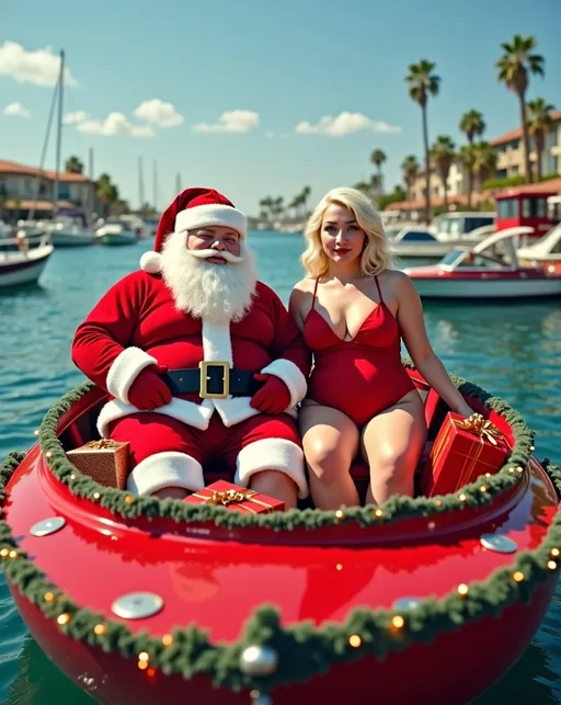 Prompt: Postcard Photo of obese Santa Claus in red swim trunks sitting next to a beautiful platinum haired Mrs. Santa Claus in a red swimsuit sitting in a big red speedboat overflowing with wrapped Christmas presents, boat is decorated with garlands ornaments and colored lights, Santa is driving the boat in a sunny California marina,  emphasize subject's jolly fat obese physique, feature natural folds and bulges of flab, showcasing a whimsical humorous postcard scene, essence of Christmas holiday spirit, capturing the humor of the composition and setting, high detail & quality, 8k, pro photo