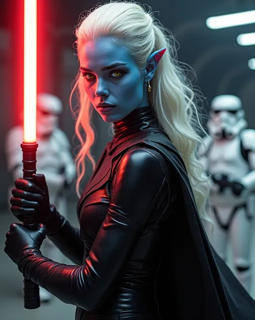 Prompt: Beautiful young blue-skinned alien woman, long chalk white hair, vivid luminous yellow eyes, black Sith Lord robes, black leather bodysuit, armored leggings and boots, holding glowing red lightsaber, Star Wars hangar bay with white clad Storm Troopers in background, detailed, dynamic aggressive stance, lightsaber held high & ready to strike, cinematic lighting, high-res photography, realistic, intricate details, intense gaze, sci-fi, vibrant colors, dramatic, professional lighting