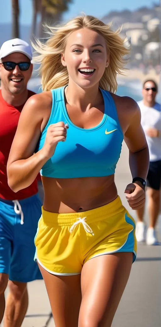 Prompt: Beautiful suntanned California girl, tall & curvaceous, blonde, blue eyed, perfect heart-shaped face, jogging on a crowded sidewalk, coastline backdrop, bustling scene, wearing yellow tee blue shorts & white sneakers, high-res, sunny day, pro photo, dynamic pose, fluid motion, vibrant, coastal, detailed eyes, beachwear, athletic, professional, sunny day lighting