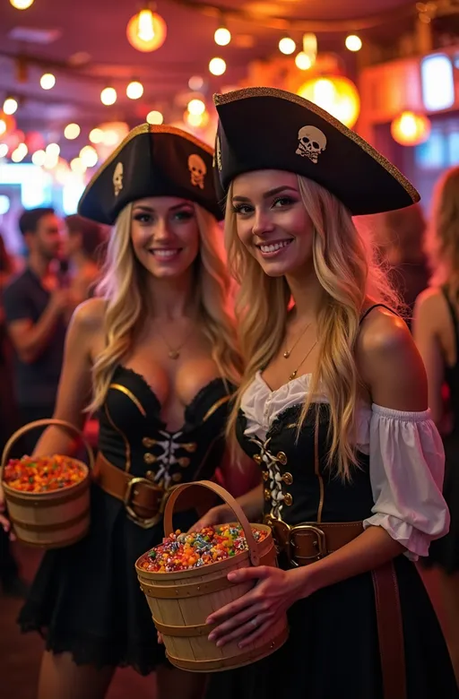 Prompt: two beautiful blonde college girls in (elaborate pirate wench costumes), (curvy physique), carrying wooden buckets filled with candy, (lively crowded bar), (trick or treat party vibe), vibrant colors, cozy ambiance, festive atmosphere, (high detail) & quality, (8K) resolution, (photorealistic), (professional lighting), dynamic composition, Halloween decorations, joyful expressions, playful interaction with partygoers.