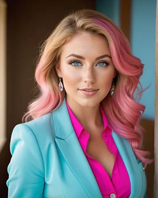 Prompt: Professional head to waist profile of a beautiful suntanned caucasian woman, age 25, curvaceous physique, intricate square face, long strawberry hair, vibrant blue eyes, arched eyebrows, button nose, light makeup, silver jewelry, sky-blue blazer, pink blouse, khaki skirt, high-res photo, detailed, realistic, professional, head to waist, vibrant colors, intricate details, high quality, indoor photo, warm light, shoulders turned away from camera, head tilted, dynamic pose