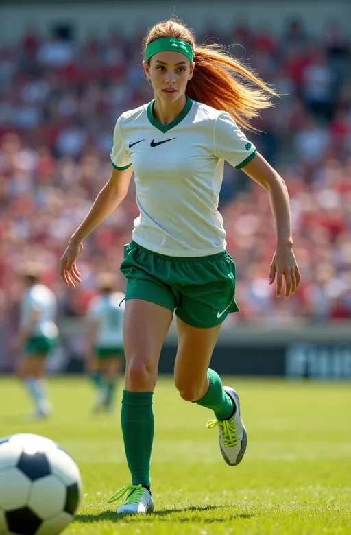 Prompt: photorealistic, (8K) sports action shot, attractive athletic girl, (fluid dynamic movement), intense focused expression, auburn hair, green eyes, wearing white & green uniform with long green socks and green soccer cleats, green headband, emphasizing (curvy bosomy figure), backdrop of a vibrant college stadium, cheering crowd, bright sunlight, high detail & quality, capturing the excitement of the soccer game, sense of motion and energy, subject is running towards a soccer ball.