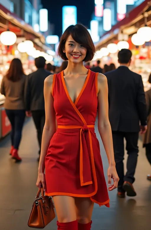 Prompt: Photo, Beautiful Japanese woman with asymmetrical bob cut hair, gray eyes, flawless face, red wrap dress with orange trim, curvy figure, red knee boots, tan leather purse, walking in a Ginza Market Tokyo, night scene, shop lights, many people, well lit, high detail & quality, 8k, pro photo.