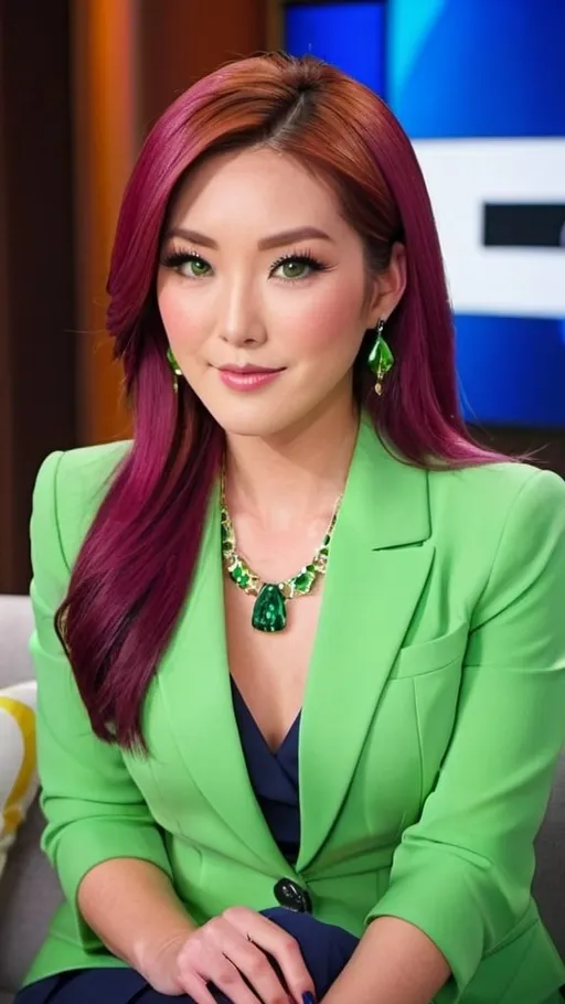 Prompt: Stunningly beautiful Japanese TV hostess, flawless face, arched eyebrows, green eyes, ruby makeup, jewelry, long auburn-magenta hair, lime blazer, apricot blouse, navy pencil skirt, navy pumps, sitting on a sofa, TV talk show set, high-res, pro photo, professional lighting, glamorous, detailed features, colorful attire