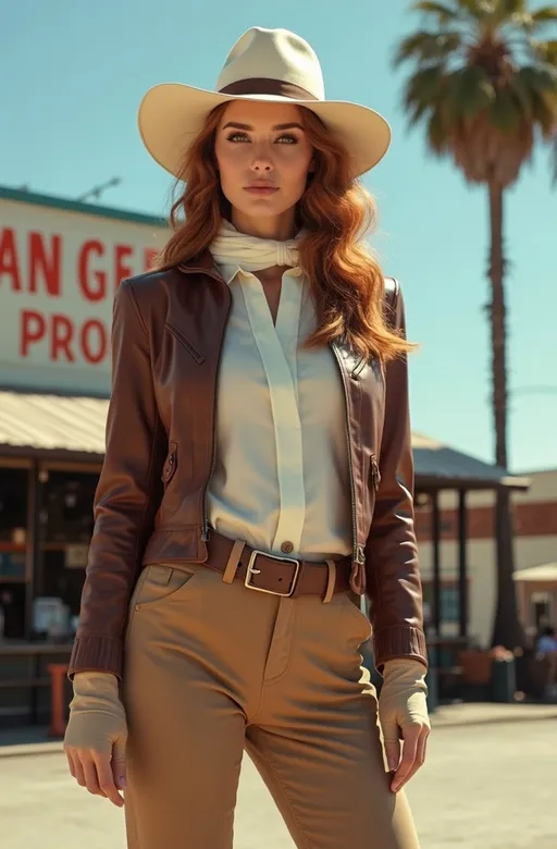 Prompt: (Magazine cover) with Stunningly beautiful (famed adventuress Grace Roemer), standing with heroic confidence in front of Los Angeles Farmer's Market. Her buxom curvy figure is showcased in a (brown leather jacket), (white silk blouse), (khaki slacks), and (tan leather boots & gloves), a (jauntily worn white Panama Hat) & white scarf contrasts against her silky Auburn hair. On a (sunny California day), vibrant blue skies, palm trees gently swaying in the background, 8K resolution, ultra-detailed, high-quality photographic image, capturing the essence of 1930s adventure and resilience.