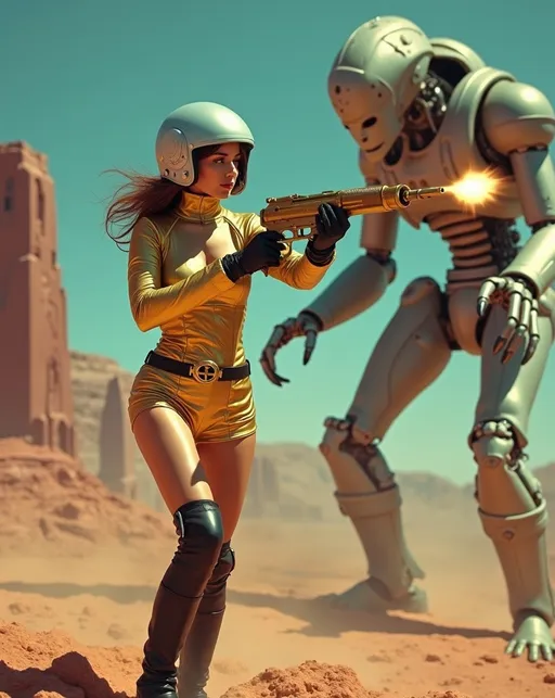 Prompt: (Beautiful retro futuristic sci-fi astronaut woman), wearing a (metallic gold space suit with miniskirt) black leather belt and boots and a (silver helmet with open visor), holding a Buck Rogers style ray-gun, features a fierce expression on her (gorgeous golden-ratio face), striking (green eyes), (chestnut hair), standing on a colorful alien planet, shooting her ray-gun at a massive alien robot creature, (well lit) with (high detail) portrayal, capturing a moment of combat in a cheesy low-budget movie atmosphere, emphasizing her curvaceous bosomy physique, (8K resolution) and a (cinematic atmosphere) for an extraordinary visual experience.