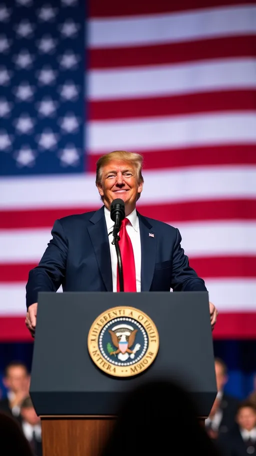 Prompt: (smiling Donald Trump), standing in front of a (huge American flag), positioned at a podium displaying the (Presidential Seal), vibrant (stage lighting), capturing a dynamic and optimistic atmosphere, ultra-detailed features, vivid colors, emphasis on patriotic elements, (high quality) 8K, (photorealistic) professional photography, dramatic yet respectful ambiance.