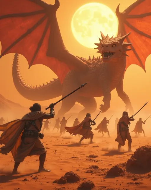 Prompt: Cinematic photo of a (group of nomadic warriors), clad in (tan cloaks, tunics, trousers, and boots), throwing laser lances and spears at (fearsome crimson Sand Dragon) in an (arid ochre desert) on an alien planet. Fierce and desperate battle scene as the soldiers fight for survival against the giant beast. (Two suns) blaze overhead, casting dramatic shadows. The atmosphere encapsulates gritty realism, with a strong sense of urgency and intensity. (Vibrant, dynamic scene), 8K resolution, (ultra-detailed), capturing every expression and motion in high-quality clarity.