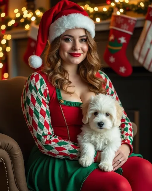 Prompt: Christmas costumed Court Jester woman, (vibrant) (green & red harlequin patterned) vest blouse & skirt, red tights, green boots, beautiful curvy plump young woman with gorgeous face details, cinnamon-blonde hair, Santa hat with white trim. Sitting in (cozy) Christmas decorated parlor, (adorable fluffy white puppy in her lap), stockings adorning the fireplace mantle, (warm holiday ambiance), bright warm golden lights illuminating the scene, surrounded by festive decor, well lit (photorealistic postcard style), ultra-detailed, 8k resolution, evoking a cheerful holiday spirit, inviting imagery celebrating the festive season.