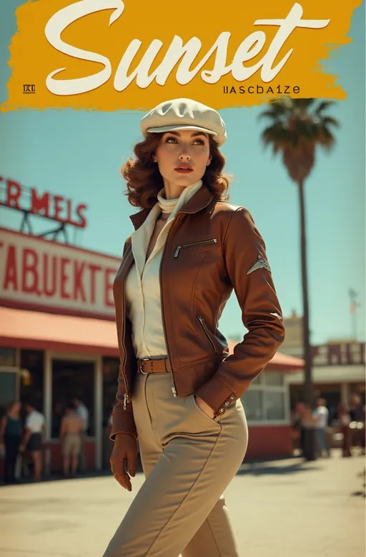 Prompt: (Magazine cover) with yellow banner and white script lettering that reads ("Sunset Magazine"), Stunningly beautiful (famed aviatrix Skye Weatherly), standing with heroic confidence in front of Los Angeles Farmer's Market. Her buxom curvy figure is showcased in a (brown leather bomber jacket) with silver wing insignia, (white silk blouse), (khaki slacks), and (tan leather boots & gloves), a (jauntily worn white beret) & white scarf contrasts against her silky Auburn hair. On a (sunny California day), vibrant blue skies, palm trees gently swaying in the background, 8K resolution, ultra-detailed, high-quality photographic image, capturing the essence of 1930s adventure and resilience.