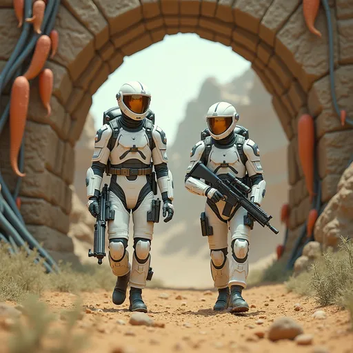 Prompt: Two ruggedly handsome Astro-Marines, dynamic poses, full white and metallic gray spacesuits, life support backpacks, and helmets with raised visors, walking through a stone archway of a futuristic alien city covered in orange blue & red alien vines, gripping sleek white and metallic silver battle rifles, cinematic photo, dusty yellow-green alien landscape in the background, capturing the unique mix of organic and geometric shapes in the alien cityscape, high depth, dramatic lighting, 8k ultra-detailed, high quality.