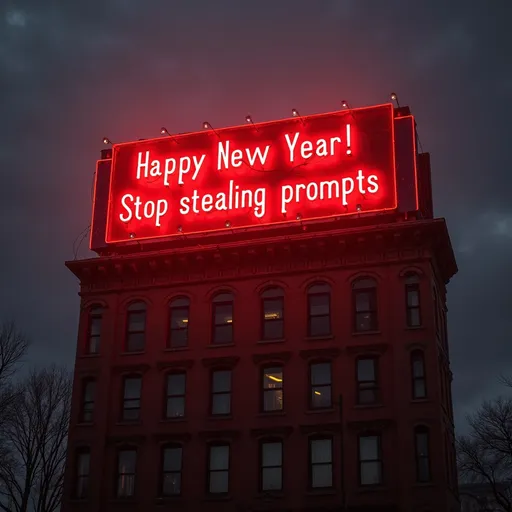 Prompt: Huge neon billboard reading "(accurately spelled text 'Happy New Year! Stop stealing prompts')" in vibrant red letters, dramatic nightscape, illuminated in a moody urban atmosphere, perched atop a gritty 1930s brick building, striking shadows and light play, rich contrast, (photorealistic), high detail, 8K resolution, ultra-detailed, pro cinematic photo image, evoking a sense of nostalgia and determination.