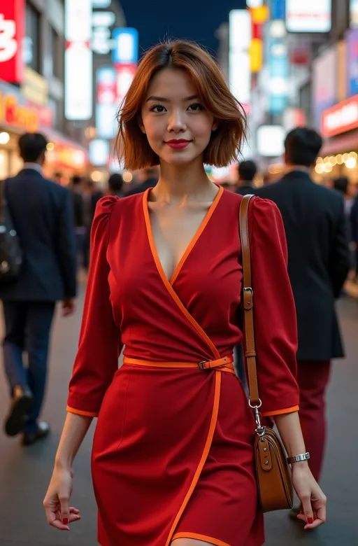 Prompt: photorealistic, Beautiful Japanese woman with (asymmetrical bob cut chestnut hair), (gray eyes), (flawless face), wearing (red wrap dress with orange trim), (curvy figure), (red knee boots), (tan leather purse), walking through (Ginza Market Tokyo), (night scene) filled with (vibrant shop lights), a bustling crowd, (well-lit) ambiance, capturing the lively spirit. High detail & quality, (8k resolution), (professional photography). 