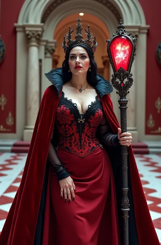 Prompt: Cinematic photo of Beautiful Red Queen, elegant (red silk gown) with high collar, black lace bodice, and (red velvet cape), intricate (black iron and ruby crown), stunning (pale skin), (jet black hair), striking (blue eyes), standing proudly, showcasing her curvy buxom figure, in a grand red and white (marble throne room) adorned with (maroon banners) and (tapestries), holding an ornate silver and black scepter with a huge glowing ruby gemstone (pulsing with magic energy), high detail & quality, (8k resolution), beautifully illuminated, dramatic atmosphere, regal ambiance.