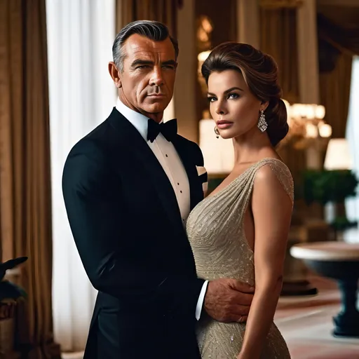 Prompt: 8K photo, cinematic, James Bond style, young Sean Connery.7|Pierce Brosnan, and buxom curvy beautiful young Kate Beckinsale|Grace Kelly|plus size model.5 in classic formal attire, standing in an elegant hotel lobby, (perfect face), high detail, fill light.