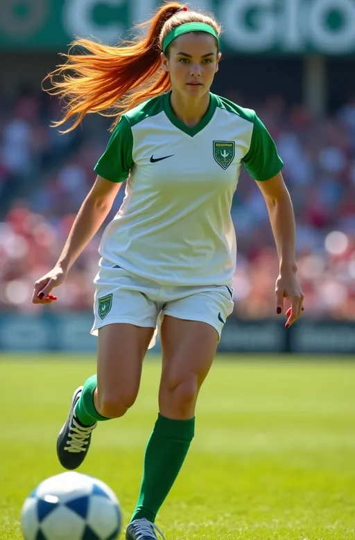 Prompt: photorealistic, (8K) sports action shot, attractive athletic girl, (fluid dynamic movement), intense focused expression, auburn hair, green eyes, wearing white & green uniform with long green socks and green soccer cleats, green headband, emphasizing (curvy bosomy figure), backdrop of a vibrant college stadium, cheering crowd, bright sunlight, high detail & quality, capturing the excitement of the soccer game, sense of motion and energy, subject is running towards a soccer ball.