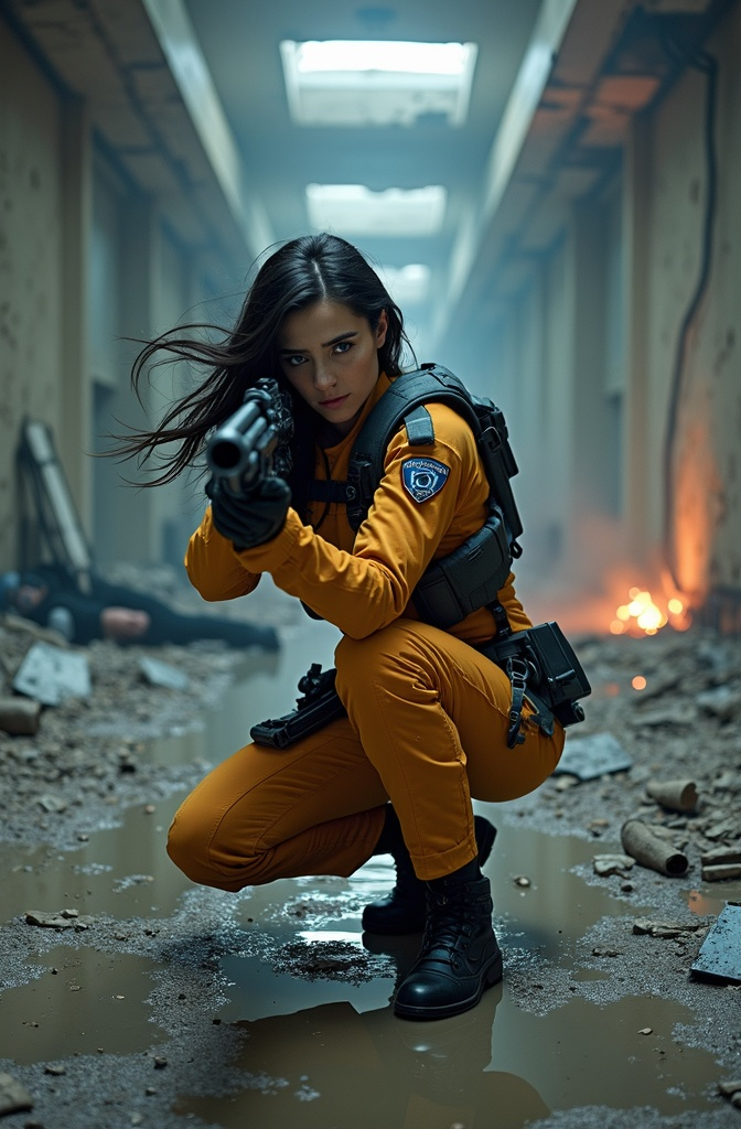 Prompt: 8K photo, cinematic, sci-fi, military, beautiful female officer, age 35, flowing dark hair, blue eyes, orange yellow gray uniform, aiming laser rifle, crouches behind a robot tank in a shattered corridor, smoke, debris, flames, broken ceiling lights, dead bodies, high detail, fill light.