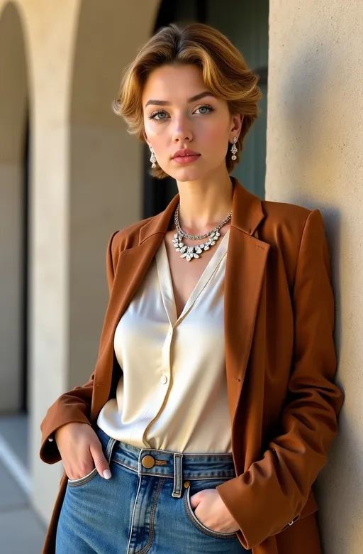 Prompt: Strikingly beautiful plump California girl, age 21, (piercing bright green eyes), (chic pixie-cut chestnut-blonde hair), (gorgeous moon-shaped Slavic face), adorned with elegant jewels, dressed in a suede blazer, cream silk blouse and high-waisted jeans, showcasing her (buxom bosomy full-figure), leaning against a stucco wall for an ultra-detailed professional publicity portrait, capturing her youthful appeal & gorgeous face, enhanced lighting creating a captivating ambiance, luxurious art deco atmosphere, 8K resolution, high quality, meticulously well-lit to highlight her stunning features & (luminous green eyes).