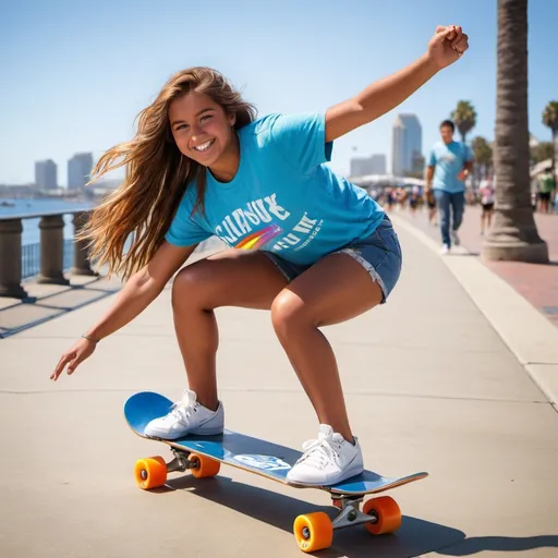 Prompt: Photo of a suntanned young woman, age 18, long windswept chestnut hair, detailed round face, wearing a rainbow tee shirt, light blue denim shorts, white sneakers, crouching on a skateboard with blue wheels, arms outstretched, on the San Diego Embarcadero sidewalk, San Diego Bay background, curvaceous physique, bosomy, golden hour lighting, sunset scene, dynamic motion, fluid movement, active pose, happy smile, high-res, natural light, professional photography, intricate face, perfect hands