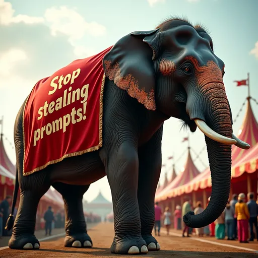 Prompt: Profile view of a large elephant, (red banner) draped on its side reading (accurately spelled text "Stop stealing prompts!") in (gold text), vibrant circus parade scene, (well-lit) ambiance, surrounded by colorful tents and jubilant onlookers, 8k resolution, (ultra-detailed) clarity, professional photography style.