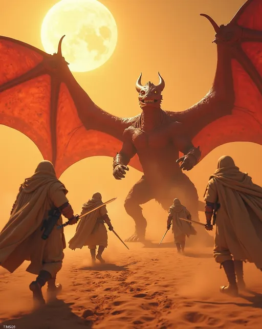 Prompt: Cinematic photo of troop of nomadic warriors in tan cloaks tunics trousers and boots battling against a fearsome crimson Sand Dragon in an arid ochre desert scene on an alien planet with two suns overhead, sci-fi, fantasy battle, gritty realism, laser swords, smoke, explosions, 8k, high detail & quality, vibrant dynamic scene.