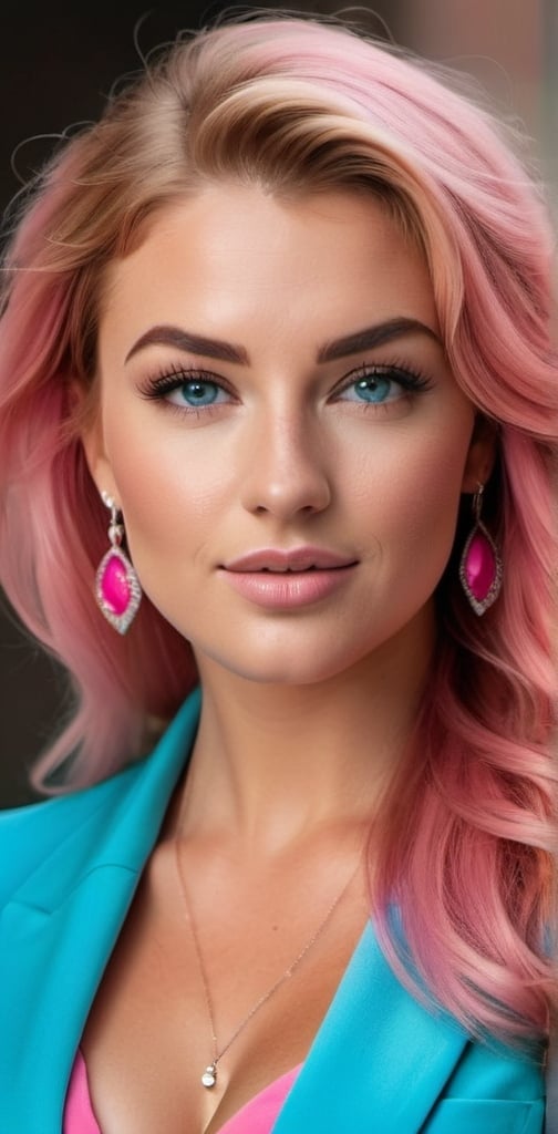 Prompt: Professional head to waist profile of a beautiful suntanned caucasian woman, age 25, curvaceous physique, intricate square face, long strawberry hair, vibrant blue eyes, arched eyebrows, button nose, light makeup, silver jewelry, sky-blue blouse, pink blazer, pink pleated skirt, high-res photo, detailed, realistic, professional, head to waist, vibrant colors, intricate details, high quality, indoor photo, warm light, shoulders turned away from camera, head tilted, dynamic pose