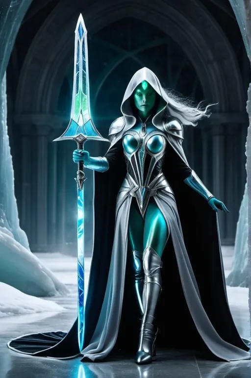 Prompt: Beautiful alien woman made of stained glass, blue-green skin, silver eyes, wearing a flowing black robe and boots, brandishing a glowing silver sword with arcing electricity emanating from the blade, cinematic, sci-fi, high-res, photo, glacial alien world of ice and rock