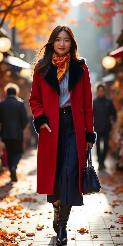 Prompt: A beautiful Japanese woman, elegant red wool coat with faux fur trim, light blue blouse, navy blue skirt, black leather boots, vibrant yellow & orange silk scarf, navy shoulder bag, walking through a bustling Ginza Market in Tokyo, surrounded by colorful autumn leaves, bright sunlight casting warm tones, capturing the lively atmosphere of the marketplace, high detail & quality, 8K, professional photography.