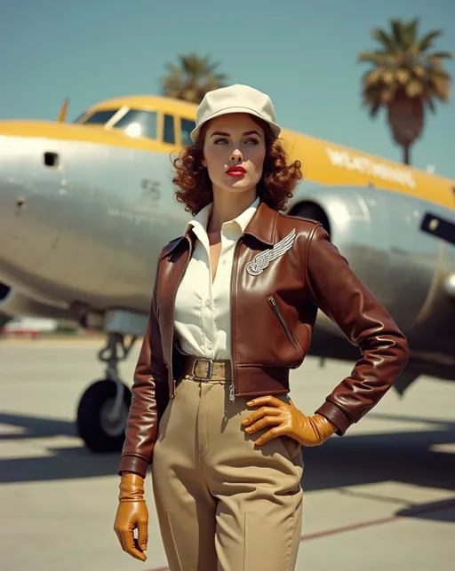 Prompt: Staged (Magazine cover) with yellow banner and (white lettering that reads "Another record for Weatherly"), Stunningly beautiful (famed aviatrix Skye Weatherly), standing with heroic confidence at the Burbank Airport in front of a silver metallic Douglas DC-3. Her buxom curvy figure is showcased in a (brown leather bomber jacket) with silver wing insignia, (white silk blouse), (khaki slacks), and (tan leather boots & gloves), a (jauntily worn white beret) & scarf contrasts against her silky Auburn hair. Burbank airport on a (sunny California day), vibrant blue skies, palm trees gently swaying in the background, 8K resolution, ultra-detailed, high-quality image, capturing the essence of 1930s adventure and resilience.