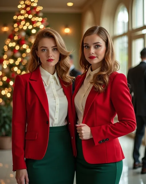 Prompt: (photorealistic) two beautiful curvy young women, (cinnamon-blonde hair), wearing vintage 60s-style red blazers white blouses & green wool skirts, standing gracefully in a crowded mid-century lobby, adorned with a lavish Christmas tree and charming holiday decorations, (Mad-Men style), (perfectly detailed faces), vibrant colors, festive ambiance, capturing the essence of the season, (ultra-detailed), (8K), well lit, professional photography quality.