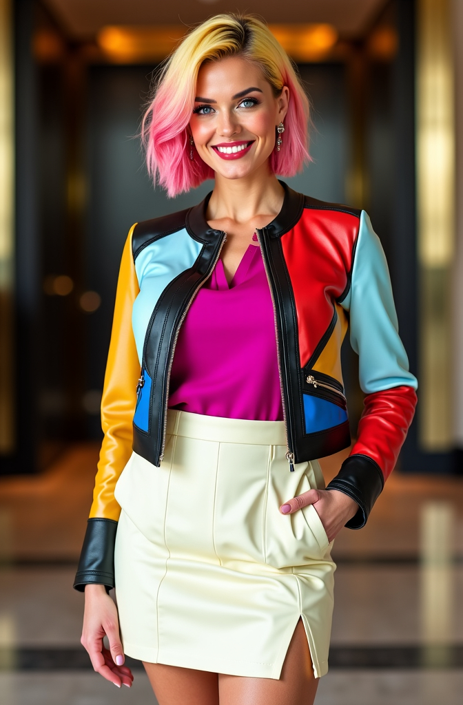 Prompt: Beautiful elegant tall curvy woman, piercing blue eyes, chic bob-cut yellow-pink-magenta hair, gorgeous square face, happy smile, short Mondrian Cubism pattern leather jacket, fuchsia blouse, cream skirt with thigh slit, long legs, luxe lobby, well lit, high detail & quality, 8k, pro photo.