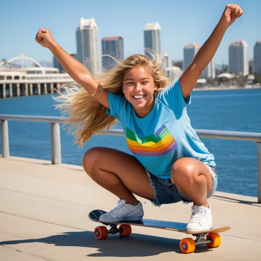 Prompt: Photo of a suntanned young woman, age 18, long windswept blonde hair, detailed round face, wearing a rainbow tee shirt, light blue denim shorts, white sneakers, crouching on a skateboard with blue wheels, arms outstretched, on the San Diego Embarcadero sidewalk, San Diego Bay background, curvaceous physique, bosomy, golden hour lighting, sunset scene, dynamic motion, fluid movement, active pose, happy smile, high-res, natural light, professional photography, intricate face, perfect hands