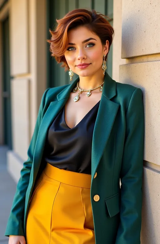 Prompt: Strikingly beautiful plump California actress, age 21, (piercing bright green eyes), (chic pixie-cut chestnut-auburn hair), (gorgeous moon-shaped hispanic face), adorned with elegant jewels, dressed professionally in a jade tweed blazer, black silk blouse and saffron pencil skirt, showcasing her (buxom bosomy full-figure), leaning against a stucco wall for an ultra-detailed professional publicity portrait, capturing her youthful appeal & gorgeous face, enhanced lighting creating a captivating ambiance, luxurious art deco atmosphere, 8K resolution, high quality, meticulously well-lit to highlight her stunning features & (luminous green eyes).