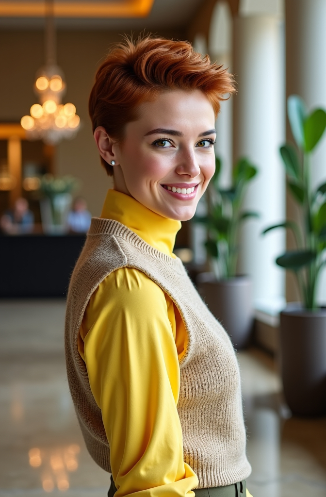 Prompt: Stunningly beautiful young woman, (piercing green eyes), (pixie cut cinnamon hair), (smoky makeup), smiling, (silver jewels), (chic lemon crepe blouse), (tweed sweater vest), (khaki skirt), standing profile in a (luxe lobby), (elegantly well-lit), (modern decor), (refined atmosphere), high detail, ultra-detailed, 8k, pro photo, sophisticated ambiance.