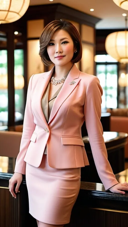 Prompt: Elegant Japanese woman, age 30, brown bob hair, gray eyes, intricate diamond face, peach blazer, pink blouse, khaki skirt, brown boots, bosomy, curvaceous figure, standing in a luxury tea shoppe, high-res, professional photo, sophisticated, detailed features, elegant attire, luxurious setting, refined, graceful, stylish, chic, high-end, professional lighting