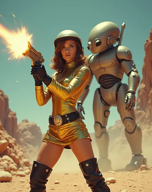 Prompt: (Beautiful retro futuristic sci-fi astronaut woman), wearing a (metallic gold space suit with miniskirt) black leather belt and boots and a (silver helmet with open visor), holding a Buck Rogers style ray-gun, features a fierce expression on her (gorgeous golden-ratio face), striking (green eyes), (chestnut hair), standing on a colorful alien planet, shooting her ray-gun at a massive alien robot creature, (well lit) with (high detail) portrayal, capturing a moment of combat in a cheesy low-budget movie atmosphere, emphasizing her curvaceous bosomy physique, (8K resolution) and a (cinematic atmosphere) for an extraordinary visual experience.