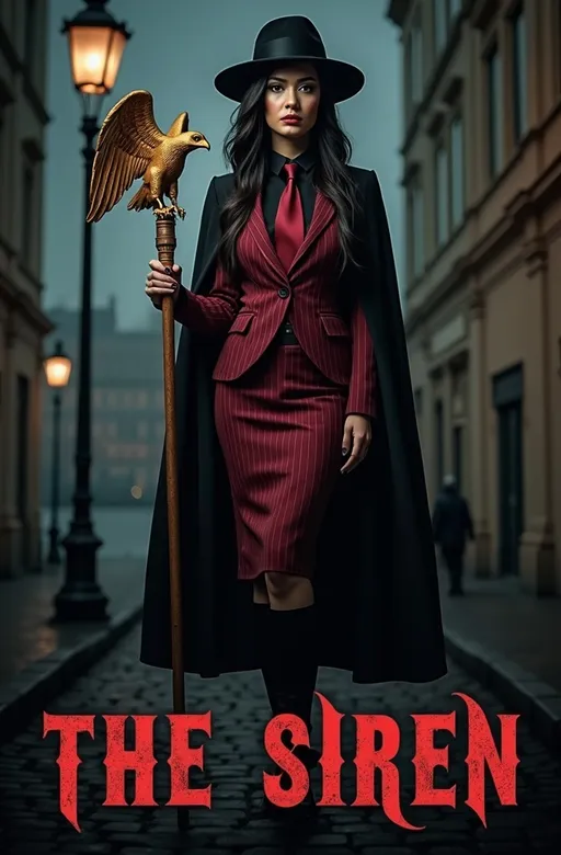 Prompt: "The Siren" (Publicity poster) photo of a Tall beautiful Eurasian woman with long raven hair, (piercing blue eyes), upturned brows, wearing a black fedora, black cape, maroon pin-striped suit with pencil skirt & black blouse, crimson tie, curvaceous bosomy figure, long shapely legs, black knee-length boots, holding a thick wooden staff with a golden hawk shaped headpiece, standing in the shadows of a building capturing the dark suspense and fear,  night-scape, sharp focus, high detail & quality, 8k, film noir vibe, (gothic style lettering across bottom of poster "The Siren").