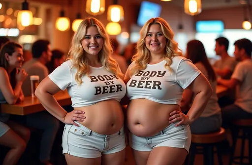 Prompt: photorealistic, 8K, two confident obese blonde women, proudly displaying beer-bellies, wearing white t-shirts with (accurately spelled text "Body by Beer"), white denim shorts, expressive chubby moon faces, lively atmosphere, vibrant bar setting, crowd of joyful fat girls, festive ambiance, high detail & quality, warm lighting, capturing the fun and camaraderie, upbeat mood, ultra-detailed background.