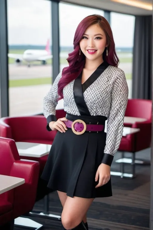 Prompt: Stunningly beautiful Japanese woman, age 21, vibrant gray eyes, long auburn-magenta hair, arched eyebrows, prominent cheekbones, plum makeup, gold & diamond jewelry, warm smile, flawless face, black & white harlequin pattern blouse, curvaceous bosomy figure, black belt, black skirt, black boots, standing in an airport lounge, floor to ceiling windows, active airfield background, dynamic pose, luxury setting, pro lighting, sharp focus, high-res, pro photo